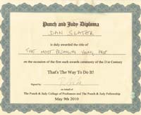 Professor Dan Slater's Punch and Judy Diploma certificate 