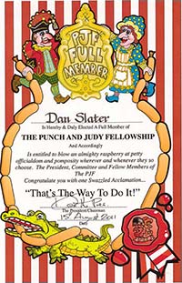 Professor Dan Slater's membership certificate for the Punch and Judy Fellowship